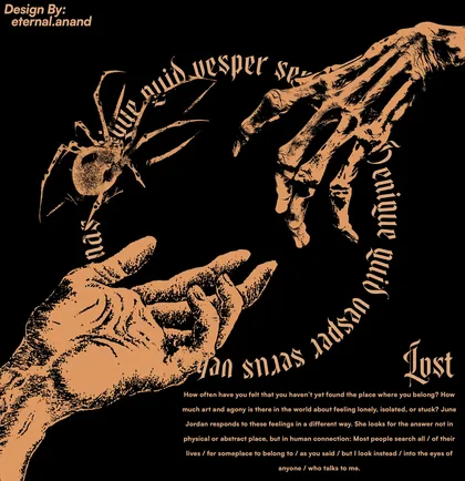 Two reaching skeletal and human hands with circular gold typography
