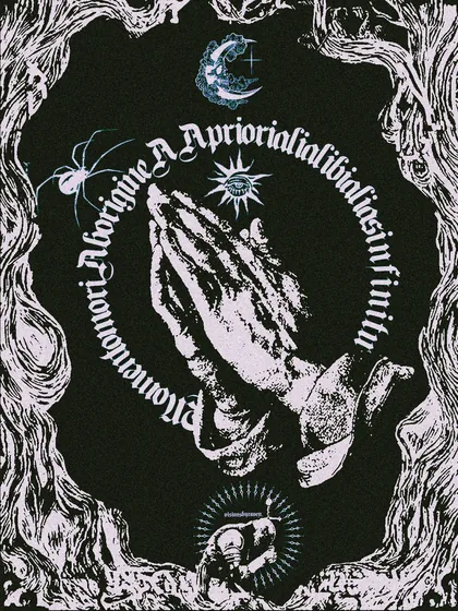 Praying skeletal hands surrounded by ornate borders and white lettering