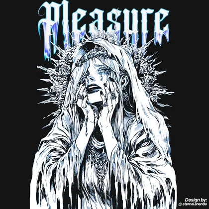 Expressive monochrome portrait under gothic Pleasure lettering