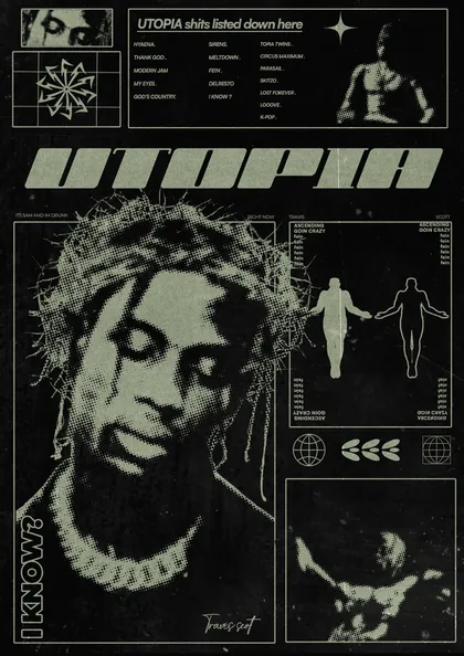 Dark olive Utopia poster featuring a portrait of Travis Scott